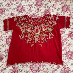 Johnny Was Red Floral Embroidered Loose Fit Top Size Small